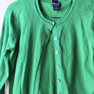 Women's 2 fer Button Up Cardigan Light Sweater Sz M Argyle Green Navy 80's 90's